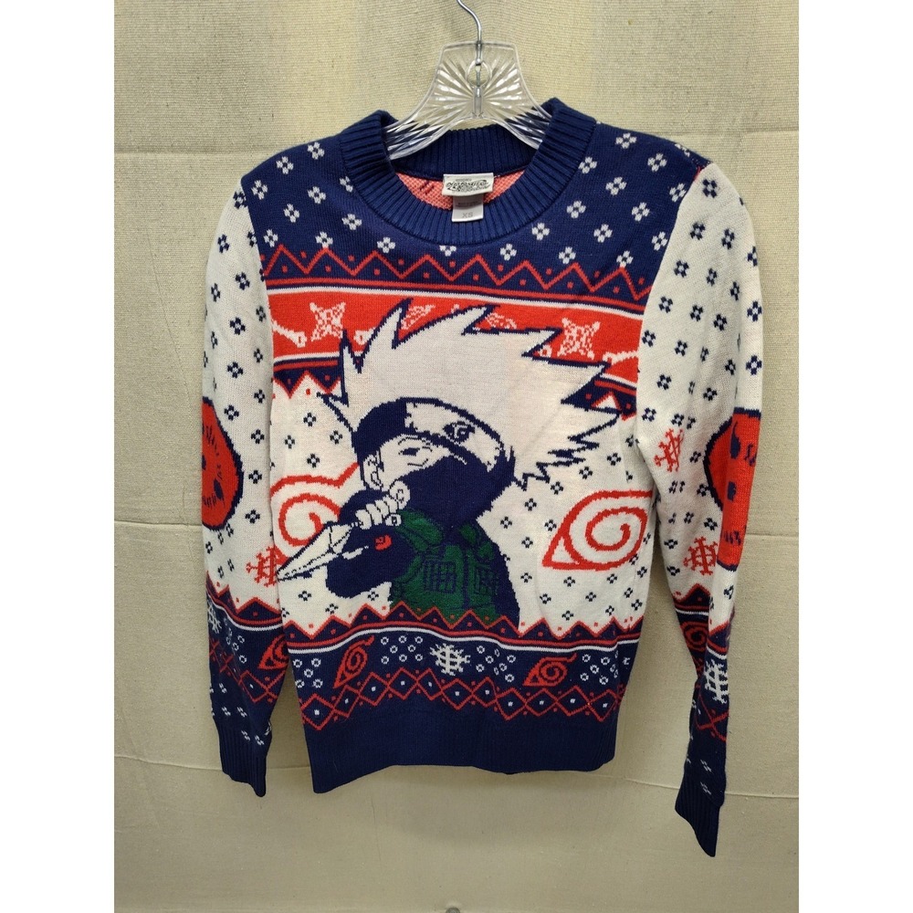 Naruto‎ Shippuden Kakashi Hatake Ugly Christmas Sweater Blue Red XS Anime Mens